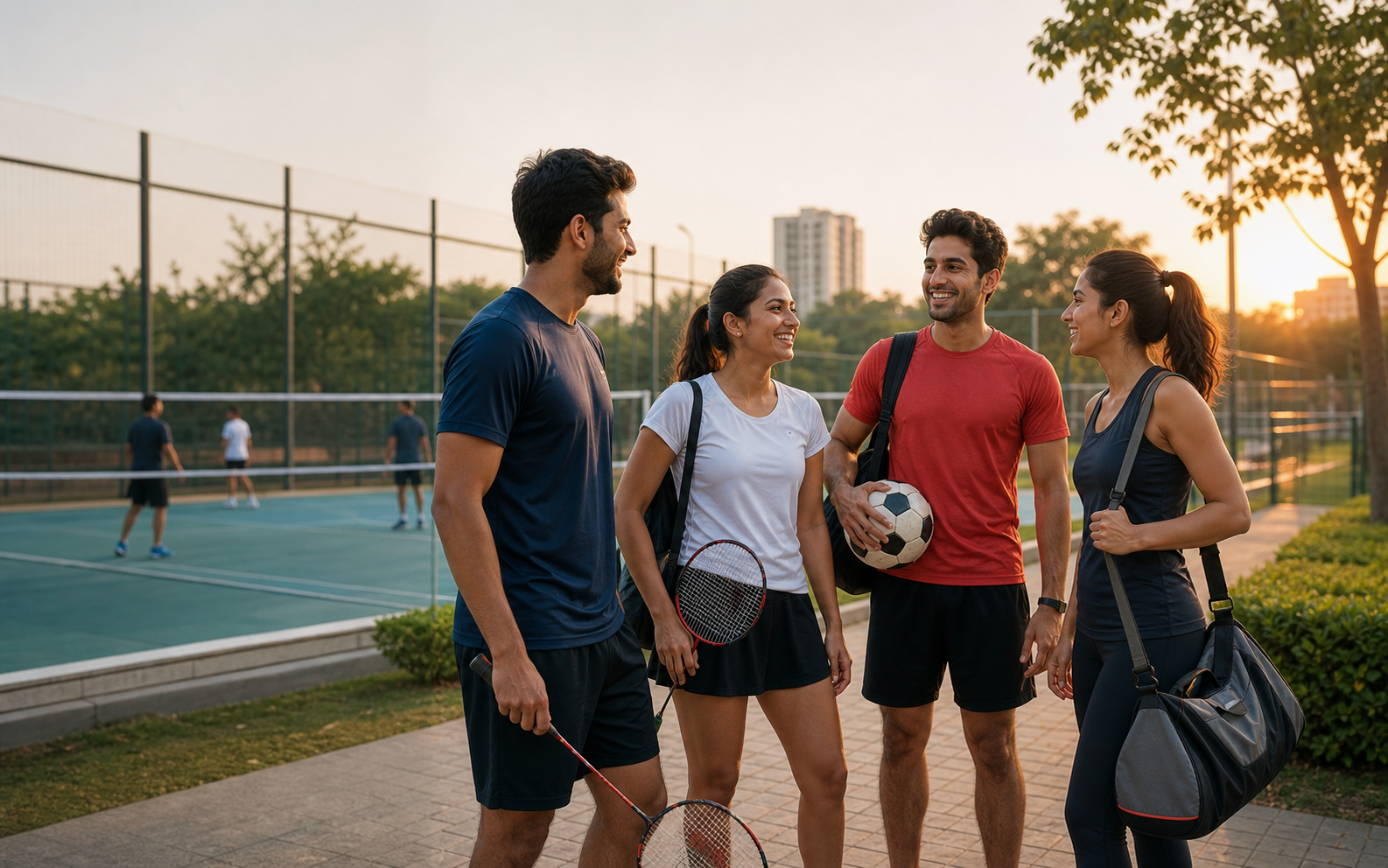 Four young active people meeting with badminton rackets and a football at a local sports complex